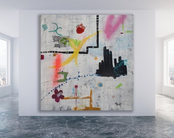 May include: Abstract painting with a white background and colorful shapes, lines, and dots. The painting features a black cityscape in the center, a yellow and red sun in the upper left corner, and a pink cloud in the upper right corner.