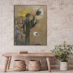 Puede incluir: Pintura abstracta en tonos de marr&oacute;n, verde y blanco. La pintura presenta una gran planta estilizada que se asemeja a un cactus con un patr&oacute;n geom&eacute;trico. El fondo es de un marr&oacute;n apagado con toques de amarillo y blanco.