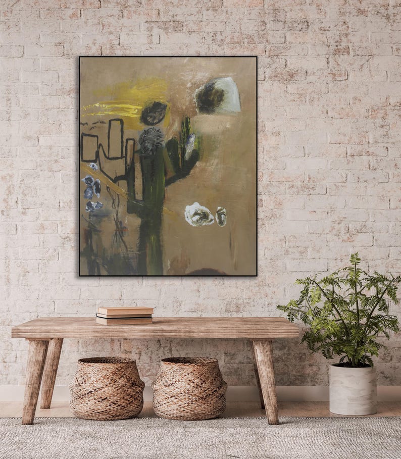 Puede incluir: Pintura abstracta en tonos de marr&oacute;n, verde y blanco. La pintura presenta una gran planta estilizada que se asemeja a un cactus con un patr&oacute;n geom&eacute;trico. El fondo es de un marr&oacute;n apagado con toques de amarillo y blanco.