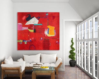 Pintura abstracta roja: "Bikini de lunares", Arte Moderno