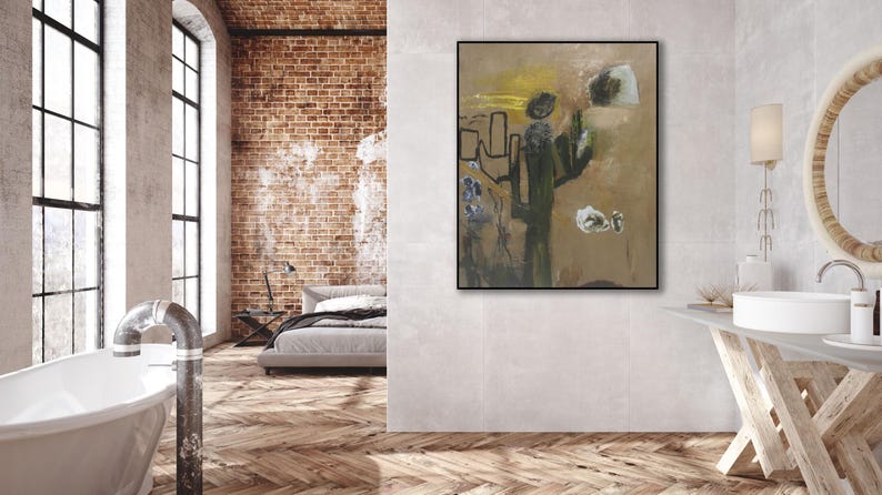 Puede incluir: Pintura abstracta con fondo marr&oacute;n y acentos negros, verdes y amarillos. La pintura presenta una figura grande y abstracta en el centro.