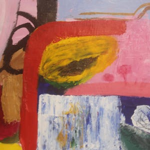 May include: Abstract painting with bold strokes of red, pink, yellow, blue, and brown. The painting features geometric shapes and a layered effect.