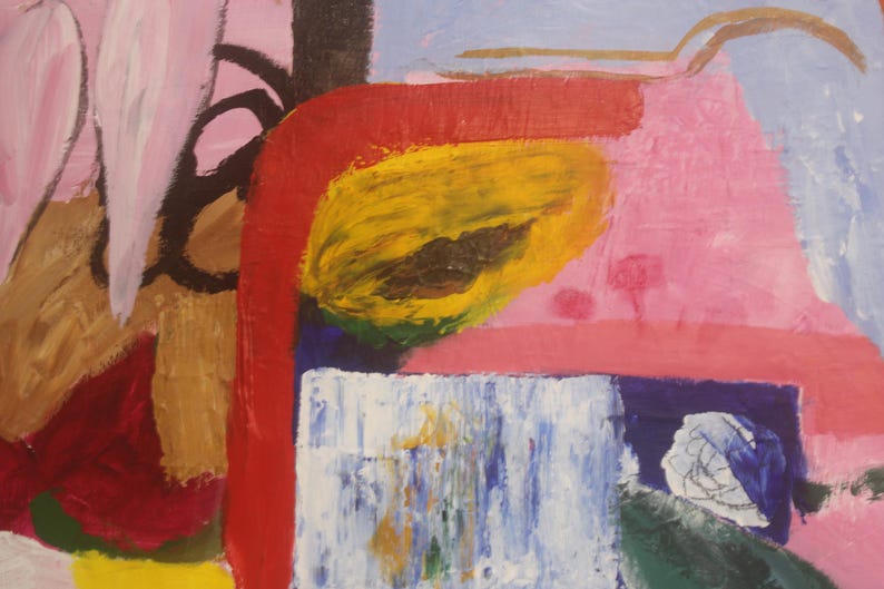 May include: Abstract painting with bold strokes of red, pink, yellow, blue, and brown. The painting features geometric shapes and a layered effect.