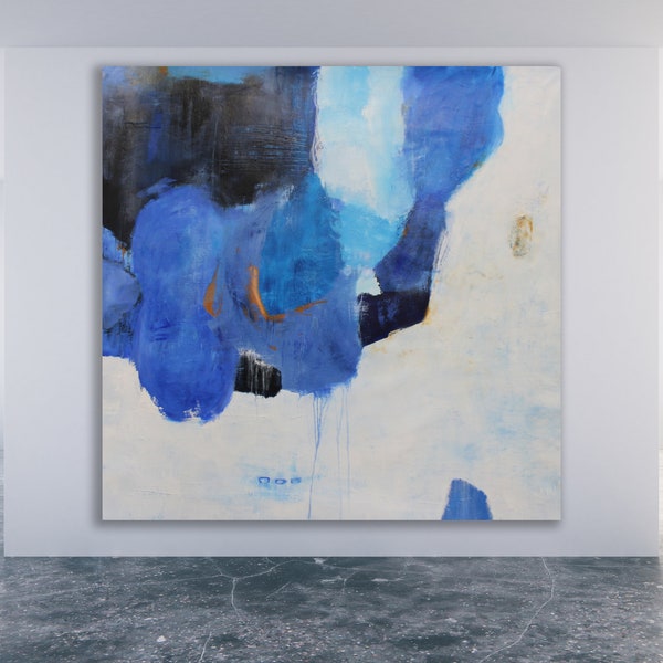 Blue Abstract Painting: Original Blue and White Art (Unstretched/Unframed)