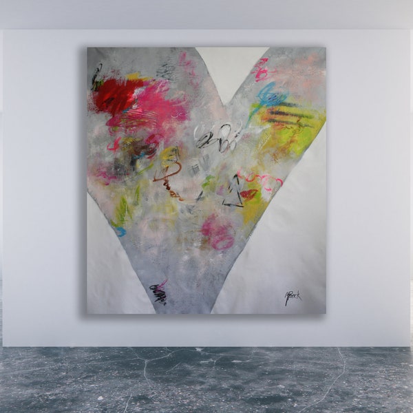 Colorful Heart Abstract Painting: Unstretched Canvas Art