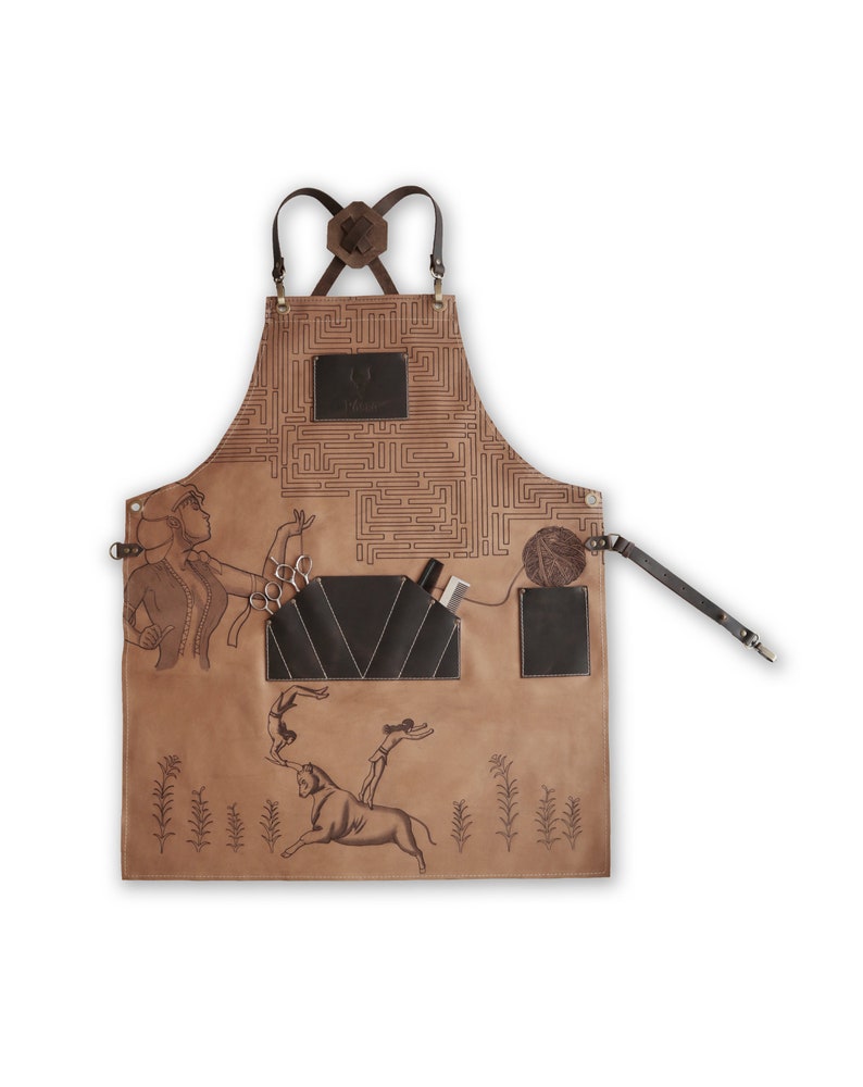 Rasso Anniversary Minoan Edition apron, full leather in Natural and Coffee Brown color image 3