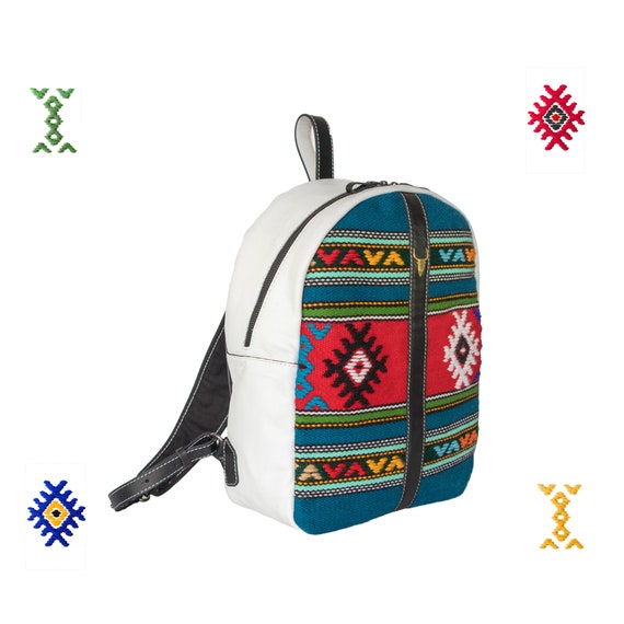 Handmade Leather Backpack With Colored Loom Textile - White  display picture 1