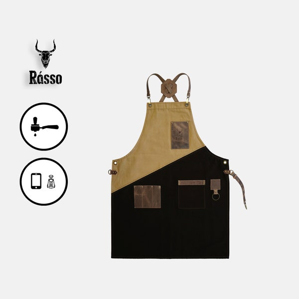 Bar apron, elegant premium quality leather & 100% cotton, with accessories pockets, "Beige / Dark Brown and Sand Brown" - LOSTRIS ALPHA