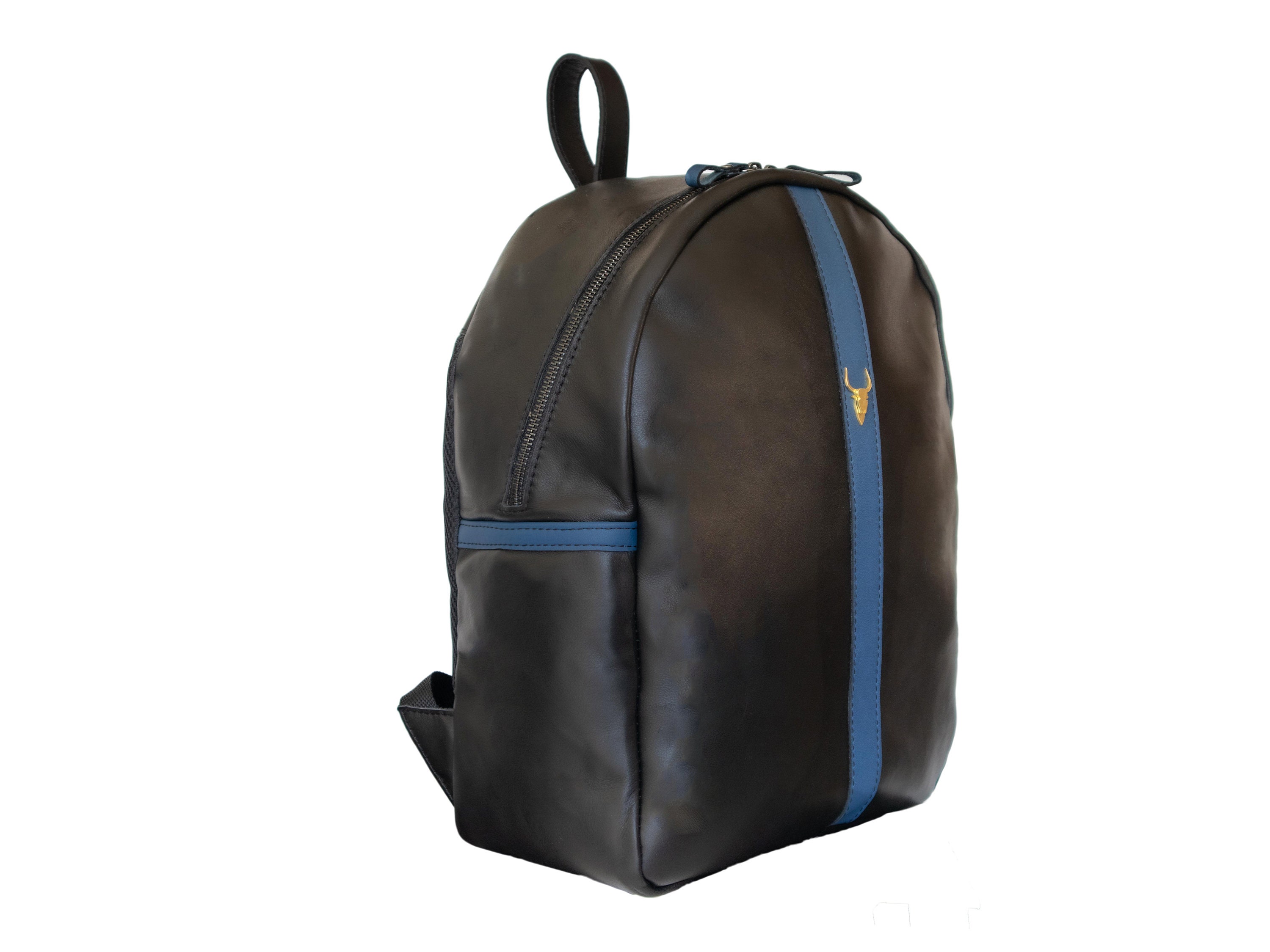 Handmade Full-leather Backpack Black & Blue Leather 