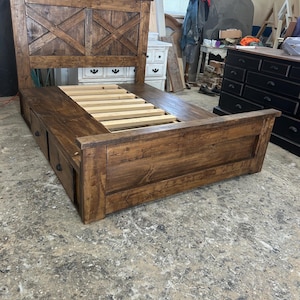 Queen size farmhouse bed with underneath storage