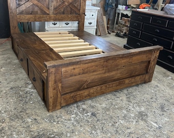 Queen size farmhouse bed with underneath storage