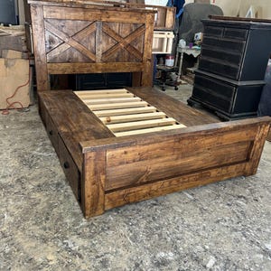 queen size farmhouse bed with underneath storage