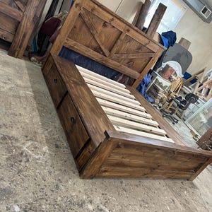 king size farmhouse bed with underneath storage
