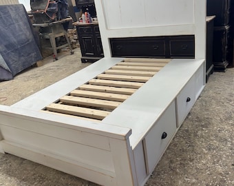Queen size farmhouse bed with underneath storage
