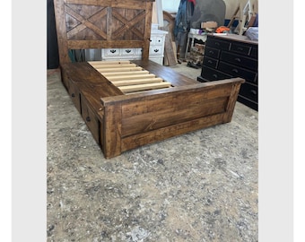Queen size farmhouse bed, with drawer storage on the sides and cubby holes on the end