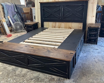 King size primitive captains bed with foot storage and a set of matching nightstands