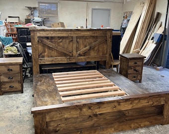 king size farmhouse storage bed with matching nightstands.