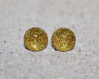 Pixie dust stud earrings, glitter stud earrings, round stud earrings, resin stud earrings, gold stud earrings, hypoallergenic earrings