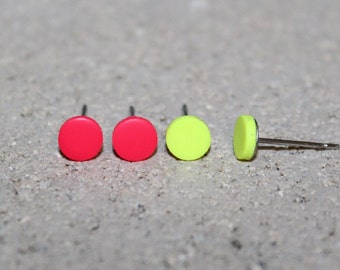 Neon Pink & Green Stud Earrings: Polymer Clay, Stainless Steel