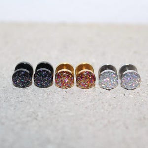 Fake Gauge Earrings Set: Black Galaxy, fireworks, Silver Disco - 8mm