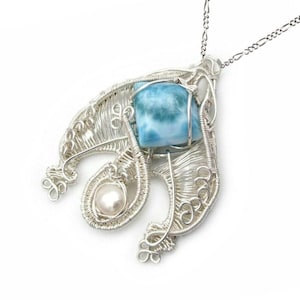 Heady Wrap Larimar /'Deep Blue/' Silver Wire Pendant; Larimar Jewelry; Wearable Art