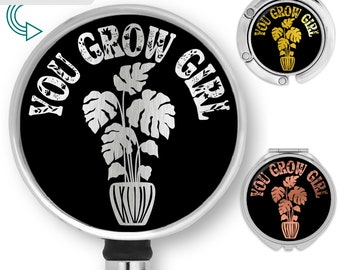 You grow girl ID badge reel, body positive compact mirror friend gift, aesthetic bohemian necklace, word of the day handbag hanger for table