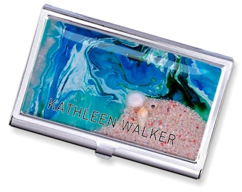 Ocean Art 7day Pill Box, Custom name business card case, weekly Pill organizer mom gift, mothers day personalized teacher credit card holder