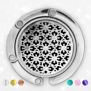 Gancho para bolso con filigrana floral para regalo de mesa para mamá, percha plateada para bolso, percha plegable personalizada para bolso o escritorio en 12 colores