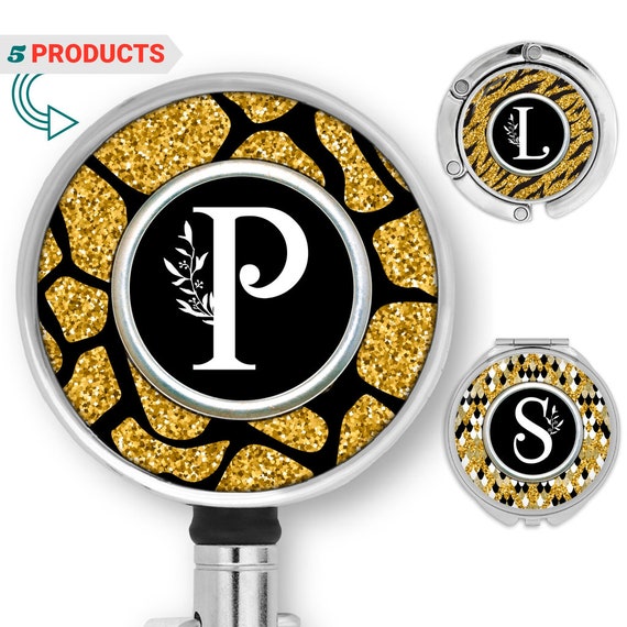 Monogram Initials Nurse Badge Reel, Custom Name Purse Hook Mother in Law  Personalized Gift, Gold Glitter Sister Birthday Compact Mirror 