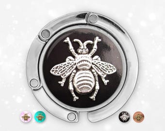 Queen Bee purse hook for table gift, mom bumble bee retractable nurse badge reel, honey bee bag hanger desk ccessories sister in law gift