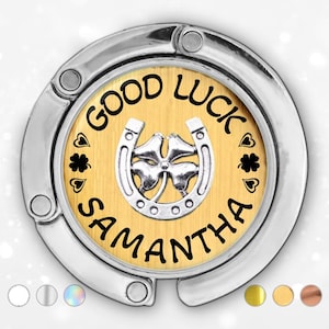 Torebka Shamrock Good Luck Hook Prezent dla mamy, Spersonalizowany uchwyt na torbę z 4-listną koniczyną, Wieszak na torebkę z niestandardowym imieniem, Podkowa na Dzień Świętego Patryka