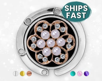 Mom Birthday Gift Purse Hook for Table, Rhinestone Pearl Bling Flower Bag Holder, Office Desk Accessory Handbag Hanger coworker leaving gift