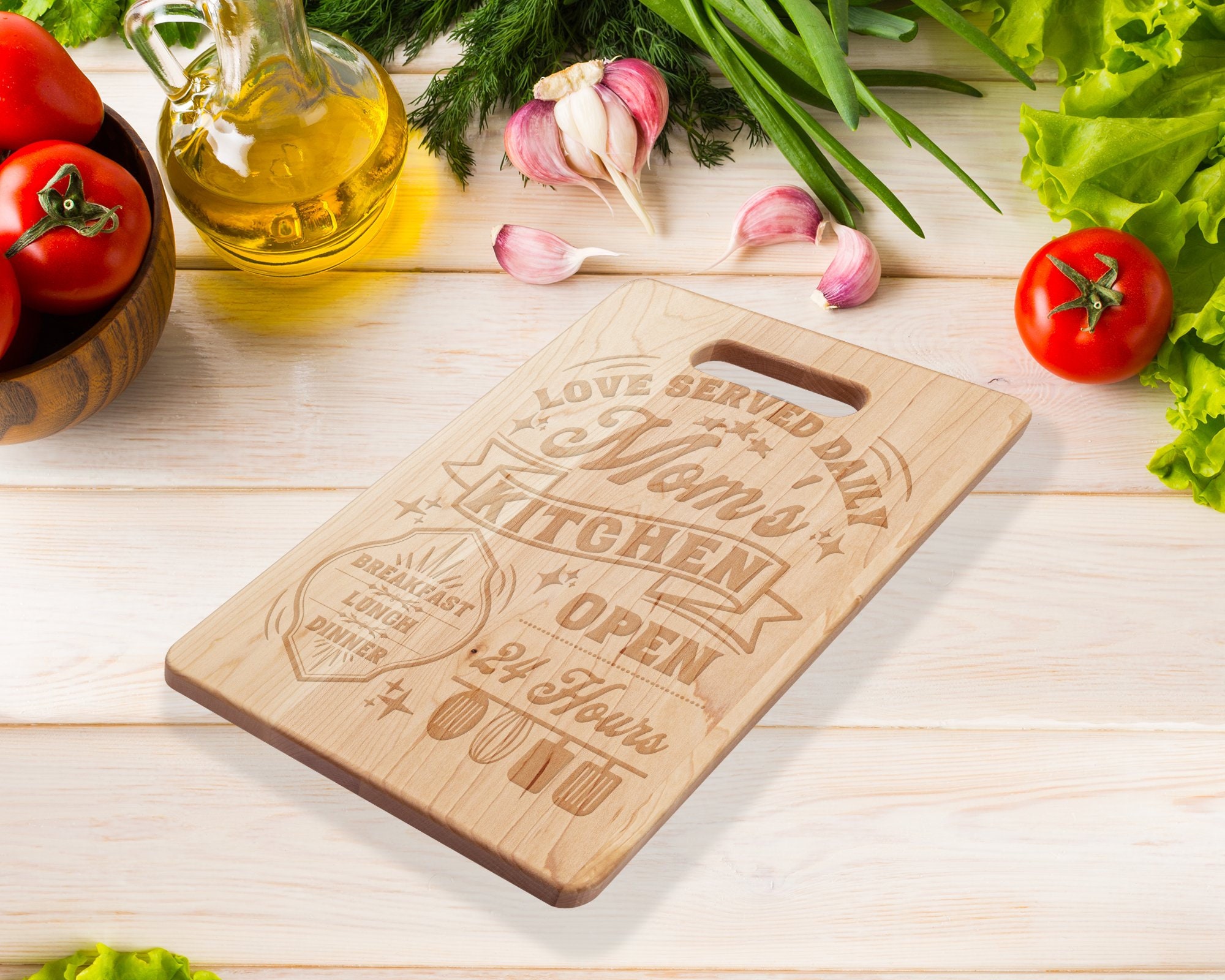 Mom's Kitchen • Love Served Daily Maple Cutting Board – Salmon Olive