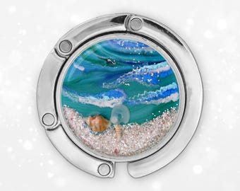 Ocean art purse hook for table, foldable handbag hanger wedding favors, mom portable bag hanger mothers day gift, something blue beach resin