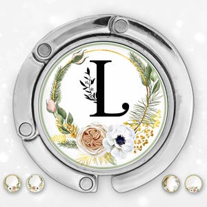 Cintre de sac pliant couronne florale avec nom, porte-sac à main monogramme de mariage, crochet de sac à main rond avec nom personnalisé, cadeau personnalisé pour les employés
