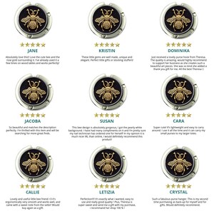 a set of four badges with bees on them