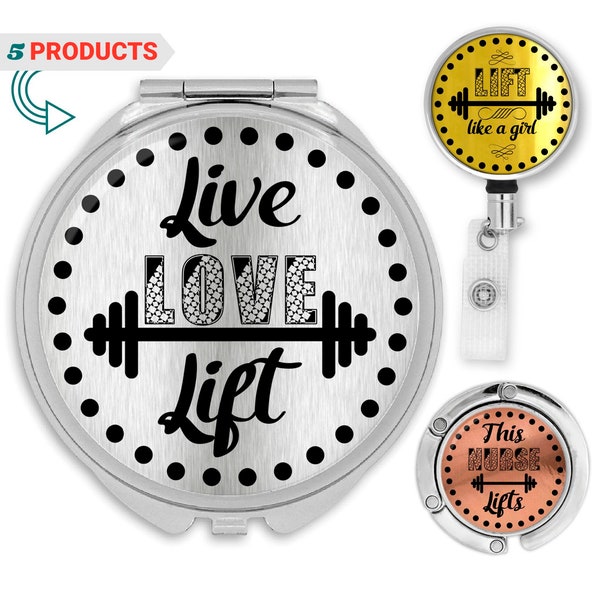 Live love lift like a girl miroir compact, cette infirmière soulève le cadeau de bobine de badge de maman, le crochet de sac à main de cintre de sac d'acceptation de corps pour la table, le pendentif