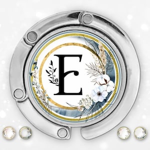 Cintre de sac à main avec initiales monogrammes, enrouleur de badge nominatif personnalisé, cadeau personnalisé miroir compact pour soeur, cadeau d'anniversaire avec pendentif en résine bestie