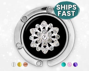 Mom Birthday Gift Rhinestone Purse Hook for Table, Silver Bling Flower Bag Holder, Handbag Hanger, office desk accessories coworker gift