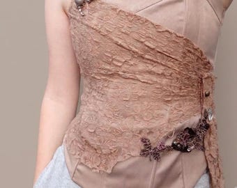 Vintage Lace Corset Top, Mocha Brown Satin Asymmetric Bustier, Fairy Whimsigoth Embellished Top,