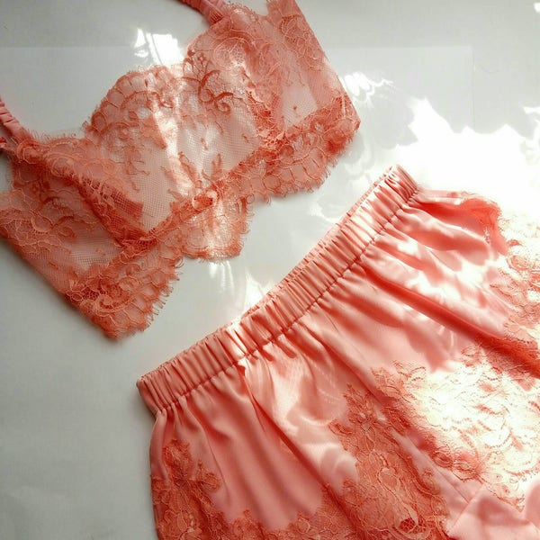 Lingerie set,  peach lingerie,  vintage inspired,  lace lingerie,  French knickers, bralette
