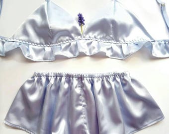 Blue Silk Lingerie Set, Ruffle Bralette, High-Waisted Panties