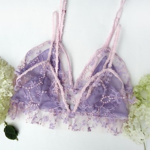 Lavender and pink sheer lace bralette, lavender lace, lace bralette, sheer bra, violet sheer bra image 2