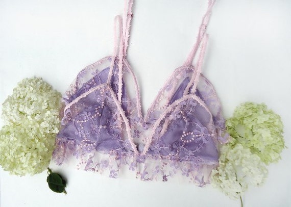 Lavender and Pink Sheer Lace Bralette, Lavender Lace, Lace