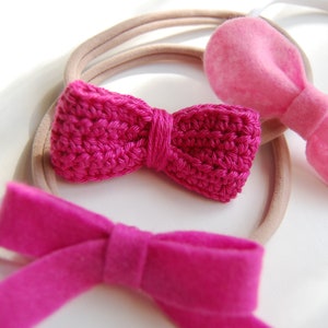 3 Bows Set, Crochet and felt Bows Headbands Set, Elastic Band fit all, Photo Prop, Baby Headband, 3 shades of pink Head accessories