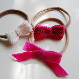 3 Bows Set, Crochet and felt Headbands Set, Elastic Band fit all, Photo Prop, Baby Headband, White, Pink, Green, Head accessories
