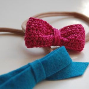 2 Bows Set, Crochet and Felt bows Headbands Set, Elastic Band fit all, Photo Prop, Baby Headband, Blue, Pink, Green, Baby accessories
