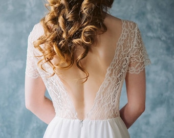 Lace wedding dress • A-line wedding dress • simple wedding dress • V open backline • casual wedding dress • beach wedding dress