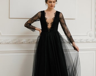 Black lace wedding dress • gothic wedding dress • casual wedding dress • satin wedding dress • A line dress • long sleeve wedding dress