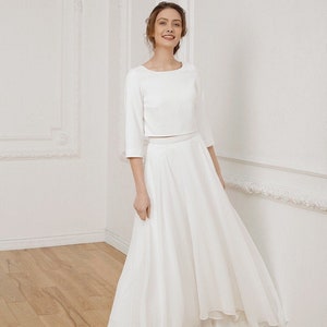 Simple wedding dress high low skirt long sleeves crop top romantic white dress casual wedding dress reception dress image 1